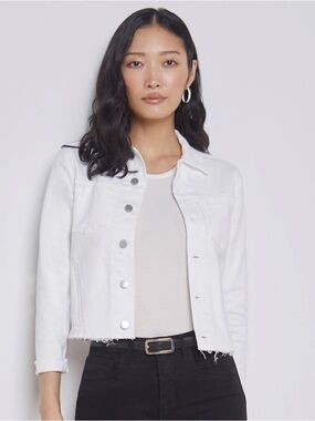 L'AGENCE White Cropped Denim Jacket with Raw Hem